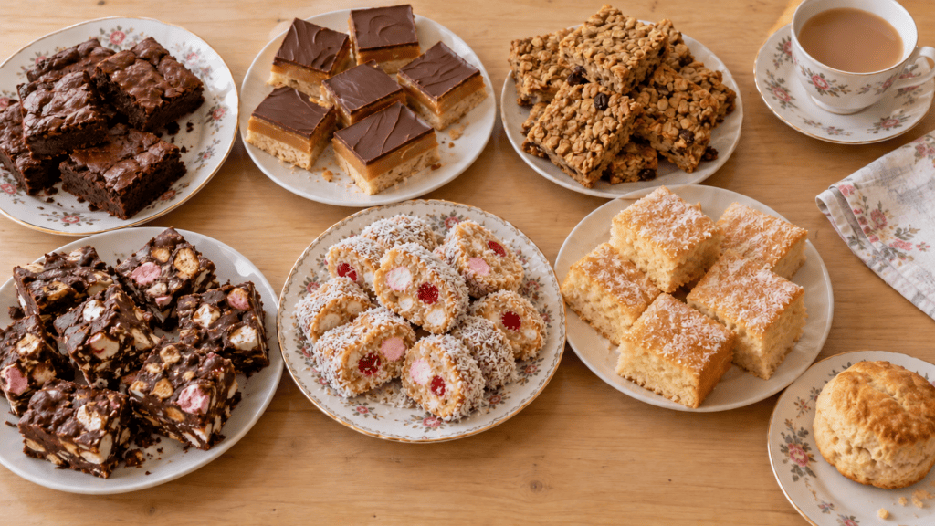 Overhead view of assorted homemade traybakes, tea and a solitary scone awaiting classification.