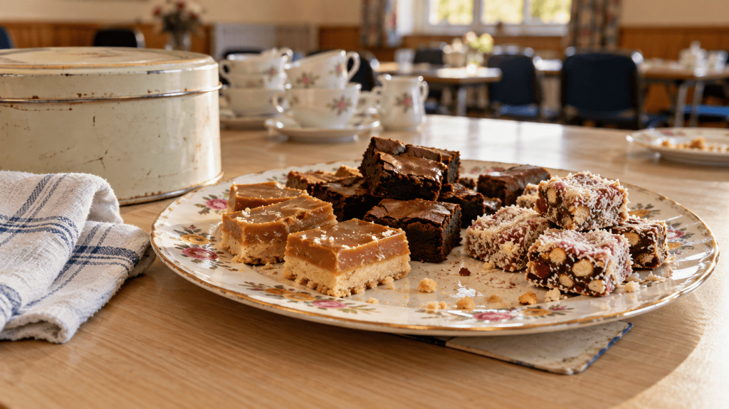 A well-used floral serving plate of homemade traybakes beside an old biscuit tin in a parish hall.