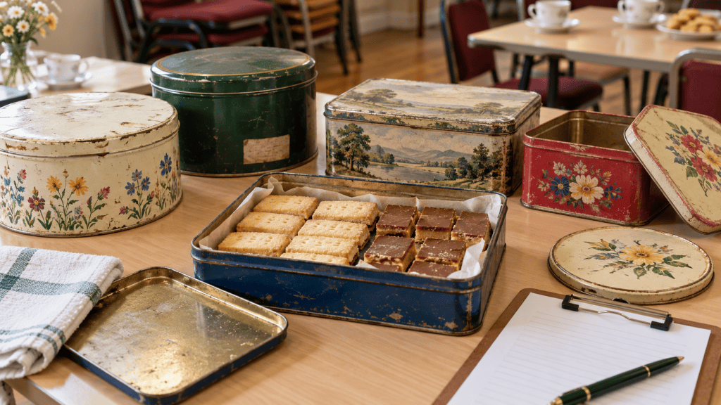 Assorted well-used biscuit tins gathered for inspection in a parish hall, with shortbread and caramel squares in an open tin.